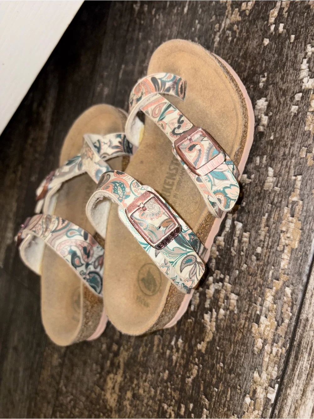 Birkenstocks Paisley Patterned Two-Strap Sandals in Cream, Teal & Peach sz 10.5